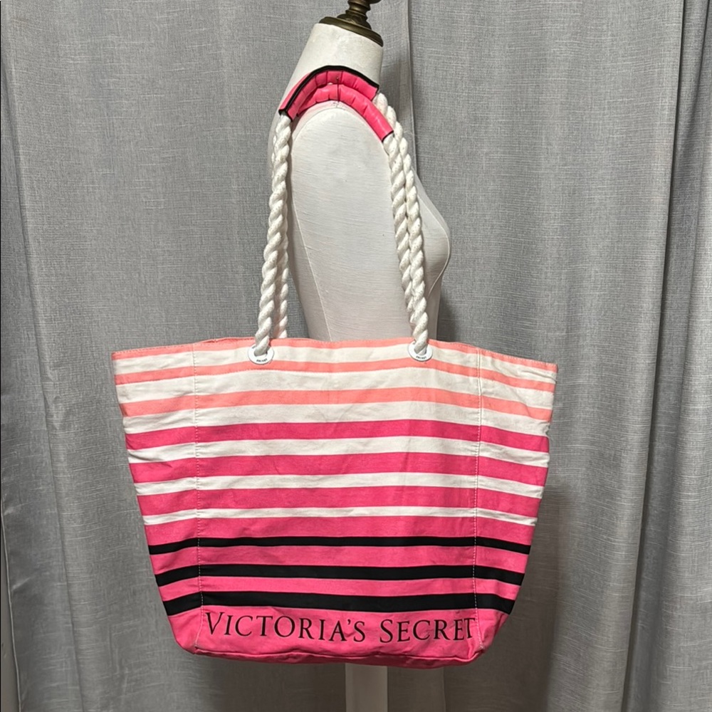 Victoria’s Secret Tote-Striped Pink White Black Peach-Open Top-“Rope” Handles
